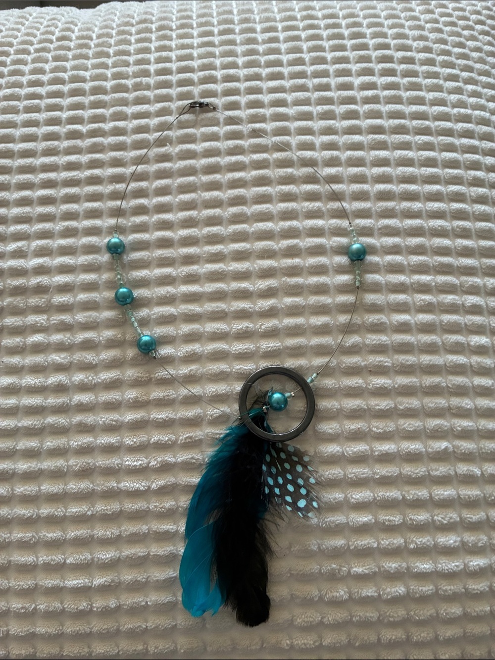 Artisan Turquoise and Black Feather Pendant Necklace